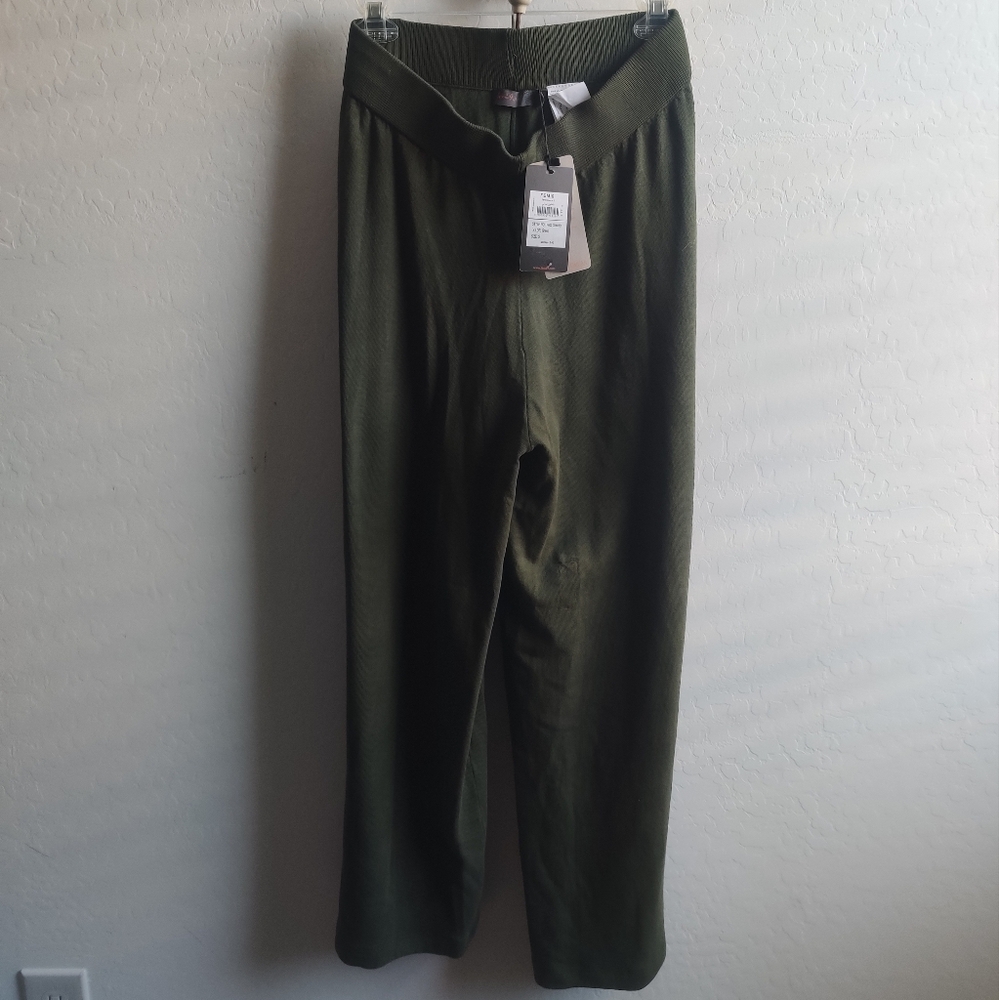 🆕 Femi9 Elastic waistband viscose-blend casual office wide leg green pants_Smal
